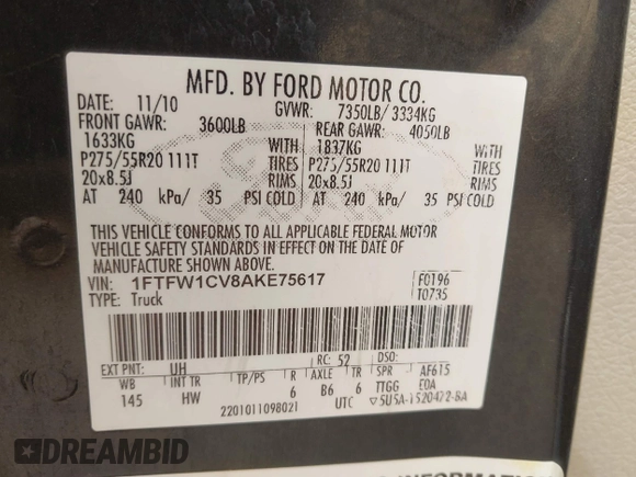 2010 Ford F-150 XL with VIN 1FTFW1CV8AKE75617, listed as a IAAI auction lot 41798016 with 1 mi miles. Bid and sale history available at carsss.com. Image 9.