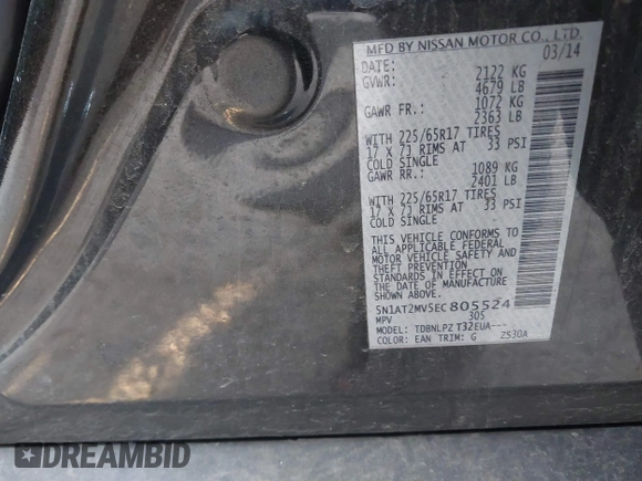 2014 Nissan Rogue SV with VIN 5N1AT2MV5EC805524, listed as a IAAI auction lot 41296075 with 91,938 mi miles and . Bid and sale history available at carsss.com. Image 9.