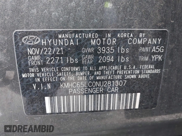 2022 Hyundai Ioniq Blue with VIN KMHC65LC0NU281307, listed as a IAAI auction lot 41862146 with 61,061 mi miles and . Bid and sale history available at DreamBid. Image 9.