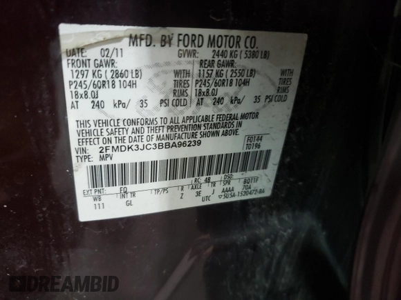 2011 Ford Edge SEL with VIN 2FMDK3JC3BBA96239, listed as a Copart auction lot 52950515 with 242,524 mi miles and Salvage Title. Bid and sale history available at carsss.com. Image 13.