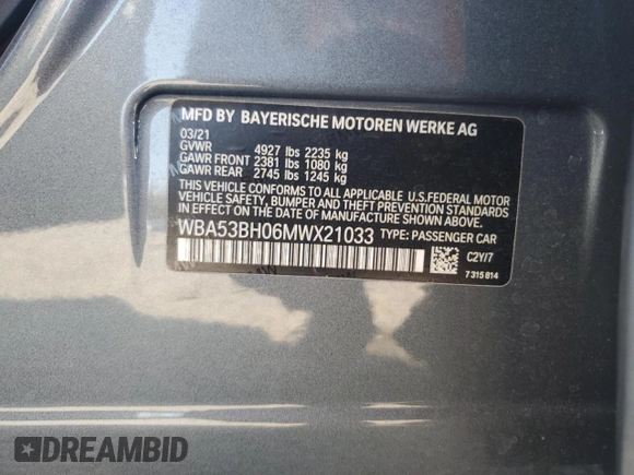 2021 BMW 5 Series 530i with VIN WBA53BH06MWX21033, listed as a Copart auction lot 47253455 with 47,635 mi miles and Salvage title. Bid and sale history available at DreamBid. Image 13.