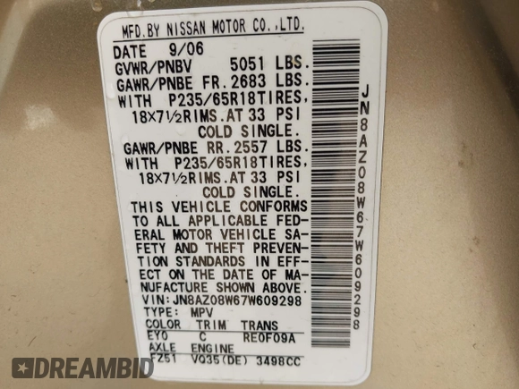 2007 Nissan Murano SE с VIN JN8AZ08W67W609298, выставлен на аукционе IAAI как лот 42240629 с пробегом 102 469 миль миль и . История ставок и продаж доступна на DreamBid. Изображение 9.