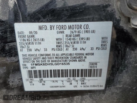 2020 Ford Explorer XLT with VIN 1FMSK8DH5LGD16535, listed as a Copart auction lot 44699695 with 46,678 mi miles and Salvage Title. Bid and sale history available at carsss.com. Image 13.