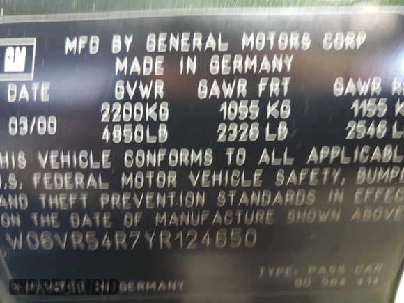 2000 Cadillac Catera z VIN W06VR54R7YR124650, wystawiony jako Copart lot #49602314 z przebiegiem 77 800 mil mil oraz Nie do naprawy • Non repairable. Historia ofert i sprzedaży dostępna na DreamBid. Obrazek 12.