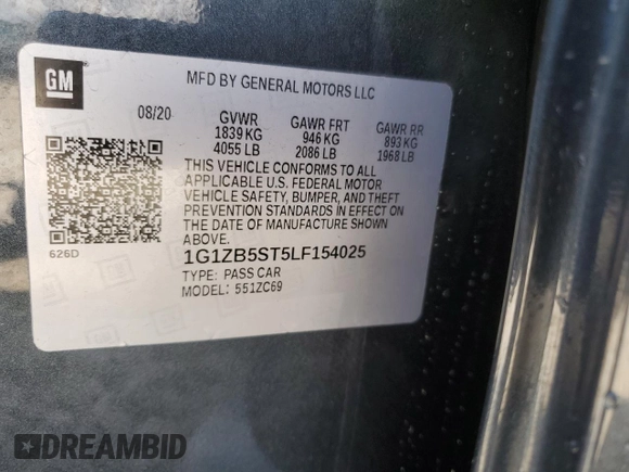 2020 Chevrolet Malibu LS with VIN 1G1ZB5ST5LF154025, listed as a Copart auction lot 55271455 with 56,527 mi miles and Clean Title. Bid and sale history available at DreamBid. Image 12.