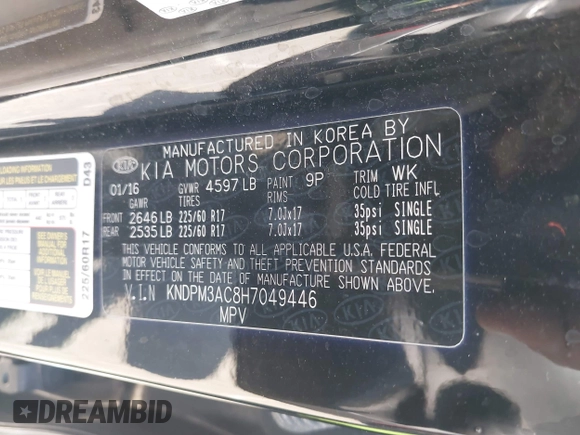 2017 Kia Sportage LX with VIN KNDPM3AC8H7049446, listed as a IAAI auction lot 42004562 with 79,055 mi miles and . Bid and sale history available at DreamBid. Image 9.