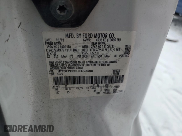 2012 Ford F-250 XL with VIN 1FTBF2B60CED23508, listed as a Copart auction lot 45547185 with 160,190 mi miles and Clean title. Bid and sale history available at DreamBid. Image 12.