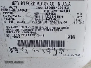 2004 Ford F-250 XL with VIN 1FTNX21L14EB12448, listed as a IAAI auction lot 42280654 with 231,008 mi miles and . Bid and sale history available at DreamBid. Image 9.