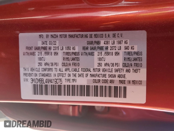 2022 Mazda CX-30 S Select with VIN 3MVDMBBL4NM419075, listed as a Copart auction lot 56323925 with 94,964 mi miles and Salvage title. Bid and sale history available at DreamBid. Image 13.