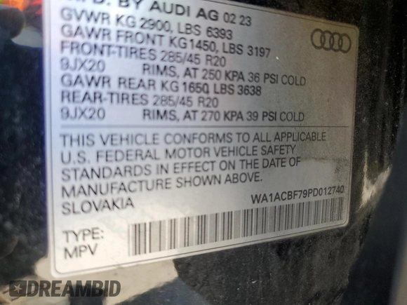 2023 Audi Q7 Premium с VIN WA1ACBF79PD012740, выставлен на аукционе Copart как лот 57715225 с пробегом 37 415 миль миль и Списание • Salvage title. История ставок и продаж доступна на DreamBid. Изображение 14.