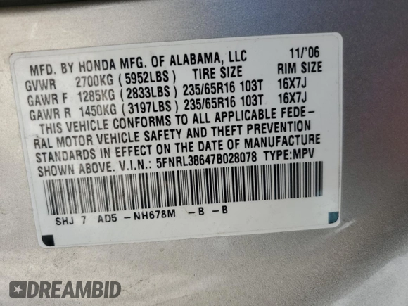 2007 Honda Odyssey EX-L z VIN 5FNRL38647B028078, wystawiony jako Copart lot #56208005 z przebiegiem 192 000 mil mil oraz Szkoda całkowita • Salvage title. Historia ofert i sprzedaży dostępna na DreamBid. Obrazek 12.