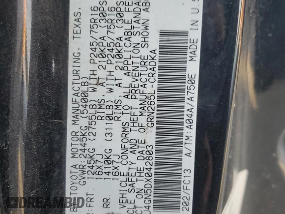 2013 Toyota Tacoma PreRunner with VIN 5TFTU4GN5DX042803, listed as a Copart auction lot 46576445 with 252,656 mi miles and Salvage Title. Bid and sale history available at carsss.com. Image 12.