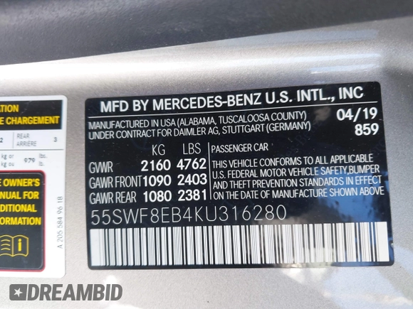 2019 Mercedes-Benz C 300 with VIN 55SWF8EB4KU316280, listed as a IAAI auction lot 41614204 with 36,804 mi miles and . Bid and sale history available at carsss.com. Image 9.