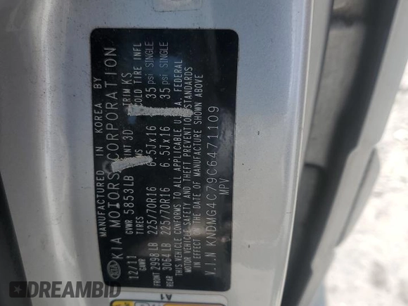 2012 Kia Sedona LX with VIN KNDMG4C79C6471109, listed as a Copart auction lot 68013564 with 229,316 mi miles and Salvage Title. Bid and sale history available at carsss.com. Image 13.