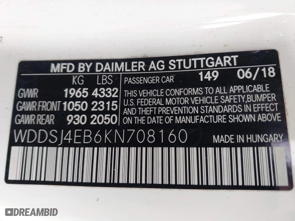 2019 Mercedes-Benz CLA with VIN WDDSJ4EB6KN708160, listed as a IAAI auction lot 41740649 with 128,900 mi miles. Bid and sale history available at carsss.com. Image 9.