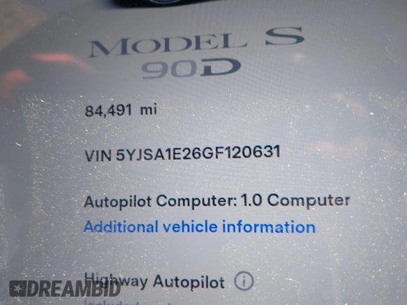 2016 Tesla Model S 90D с VIN 5YJSA1E26GF120631, выставлен на аукционе IAAI как лот 42249326 с пробегом 84 491 миль миль и . История ставок и продаж доступна на DreamBid. Изображение 16.