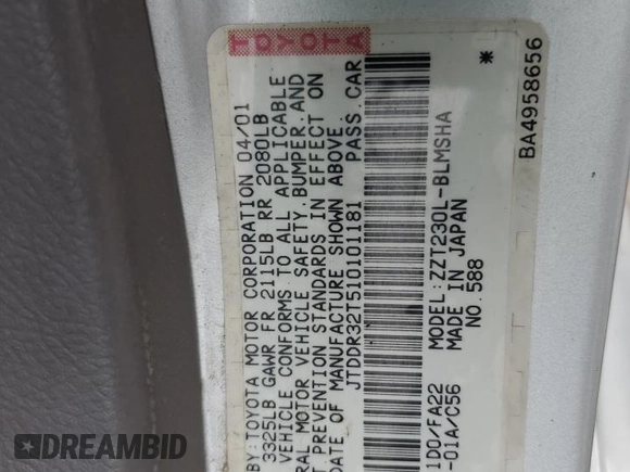 2001 Toyota Celica GT with VIN JTDDR32T510101181, listed as a Copart auction lot 48934235 with 168,001 mi miles and Salvage Title. Bid and sale history available at carsss.com. Image 14.