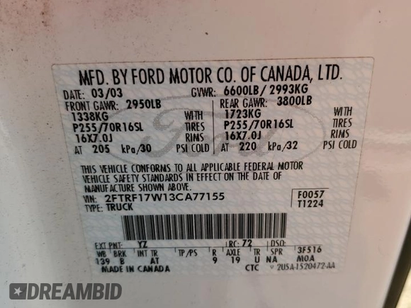 2003 Ford F-150 XL with VIN 2FTRF17W13CA77155, listed as a Copart auction lot 53272885 with 245,749 mi miles and Clean Title. Bid and sale history available at DreamBid. Image 12.