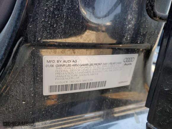 2006 Audi A4 2.0T with VIN WAUDF78E06A186339, listed as a Copart auction lot 73896364 with 0 mi miles and Salvage Title. Bid and sale history available at carsss.com. Image 13.
