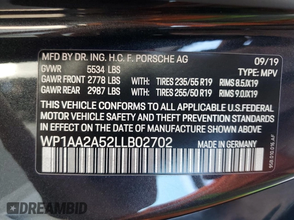 2020 Porsche Macan with VIN WP1AA2A52LLB02702, listed as a Copart auction lot 52910305 with 36,063 mi miles and Salvage title. Bid and sale history available at DreamBid. Image 14.