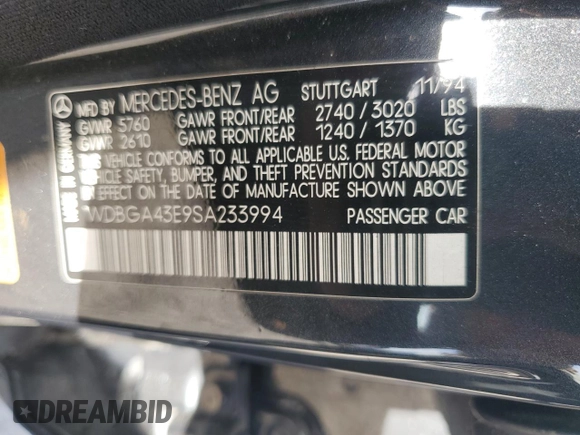1995 Mercedes-Benz S with VIN WDBGA43E9SA233994, listed as a Copart auction lot 65867264 with 655,674 mi miles and Salvage Title. Bid and sale history available at DreamBid. Image 12.