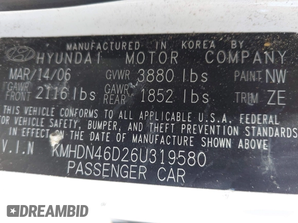 2006 Hyundai Elantra GLS z VIN KMHDN46D26U319580, wystawiony jako IAAI lot #42404759 z przebiegiem 143 589 mil mil oraz . Historia ofert i sprzedaży dostępna na DreamBid. Obrazek 9.