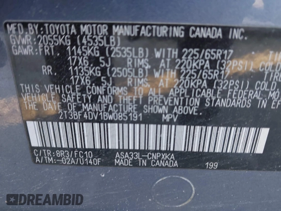 2011 Toyota RAV4 with VIN 2T3BF4DV1BW085191, listed as a IAAI auction lot 41304241 with 207,238 mi miles. Bid and sale history available at carsss.com. Image 9.