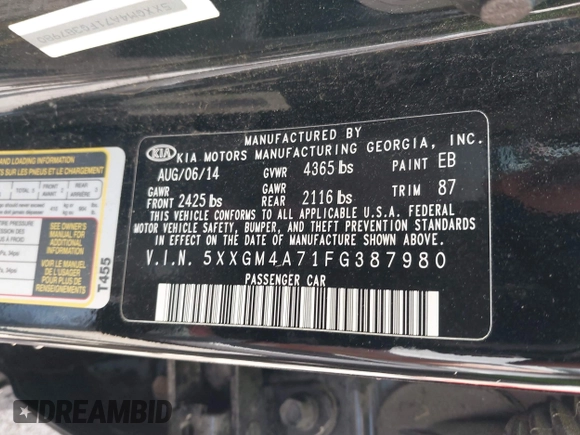 2015 Kia Optima LX with VIN 5XXGM4A71FG387980, listed as a IAAI auction lot 42330602 with 96,189 mi miles and . Bid and sale history available at DreamBid. Image 9.