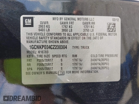 2012 Chevrolet Silverado 1500 Work Truck with VIN 1GCNKPE04CZ230304, listed as a IAAI auction lot 40220094 with 189,823 mi miles and . Bid and sale history available at DreamBid. Image 9.