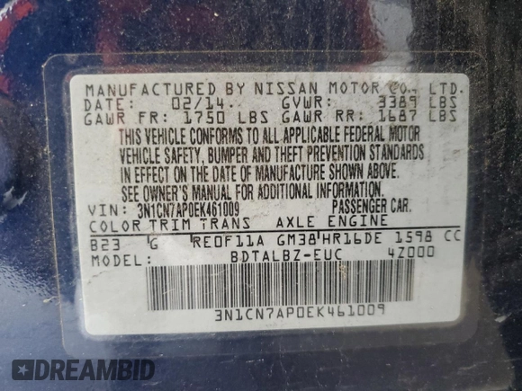 2014 Nissan Versa SV with VIN 3N1CN7AP0EK461009, listed as a Copart auction lot 47828175 with 125,832 mi miles and Clean Title. Bid and sale history available at DreamBid. Image 12.
