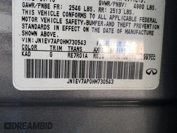 2017 Infiniti Q50 Premium with VIN JN1EV7AP0HM730543, listed as a Copart auction lot 59337725 with 73,230 mi miles and Salvage title. Bid and sale history available at DreamBid. Image 12.