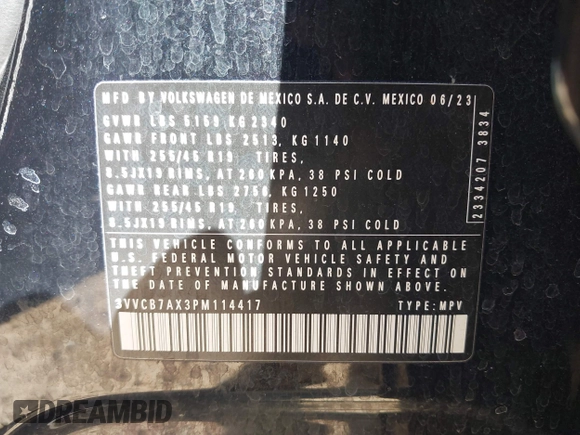 2023 Volkswagen Tiguan SE R-Line Black с VIN 3VVCB7AX3PM114417, выставлен на аукционе IAAI как лот 41864139 с пробегом 32 096 миль миль и . История ставок и продаж доступна на DreamBid. Изображение 9.