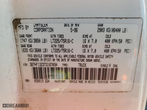 1996 Dodge Ram 1500 with VIN 3B7HF13Z3TG167034, listed as a Copart auction lot 72042524 with 211,593 mi miles and Salvage Title. Bid and sale history available at carsss.com. Image 12.