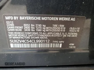 2012 BMW X5 35i with VIN 5UXZV4C54CL990112, listed as a Copart auction lot 59125245 with 142,742 mi miles and Clean title. Bid and sale history available at DreamBid. Image 13.