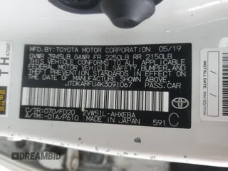 2019 Toyota Prius L Eco z VIN JTDKARFU4K3091067, wystawiony jako Copart lot #59710505 z przebiegiem 80 659 mil mil oraz Szkoda całkowita • Salvage title. Historia ofert i sprzedaży dostępna na DreamBid. Obrazek 12.