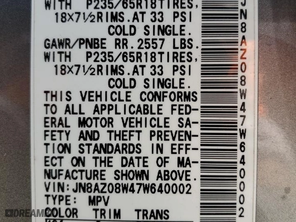 2007 Nissan Murano S with VIN JN8AZ08W47W640002, listed as a Copart auction lot 65936704 with 117,762 mi miles and Salvage Title. Bid and sale history available at carsss.com. Image 12.