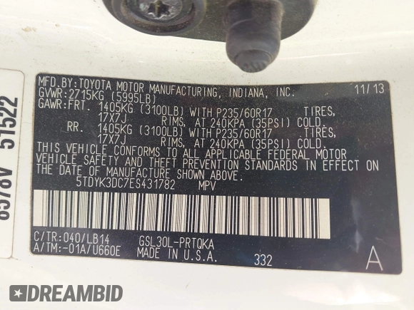 2014 Toyota Sienna XLE z VIN 5TDYK3DC7ES431782, wystawiony jako IAAI lot #41975182 z przebiegiem 191 870 mil mil oraz . Historia ofert i sprzedaży dostępna na DreamBid. Obrazek 9.
