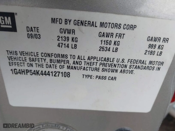 2004 Buick LeSabre Custom with VIN 1G4HP54K444127108, listed as a IAAI auction lot 41799883 with 1 mi miles. Bid and sale history available at carsss.com. Image 9.