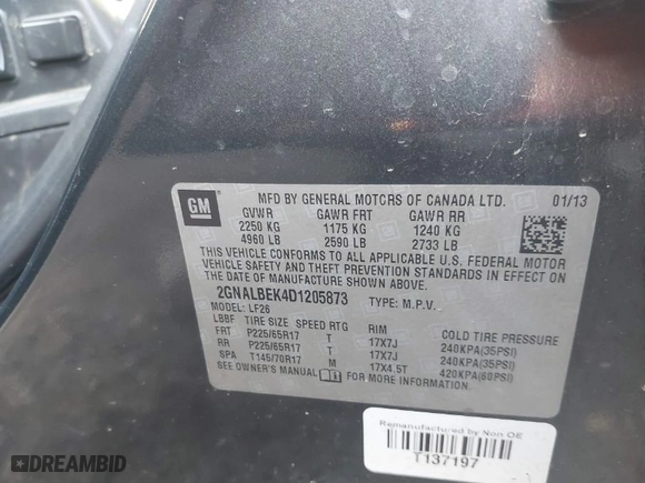 2013 Chevrolet Equinox LS with VIN 2GNALBEK4D1205873, listed as a IAAI auction lot 41913618 with 134,231 mi miles. Bid and sale history available at carsss.com. Image 9.