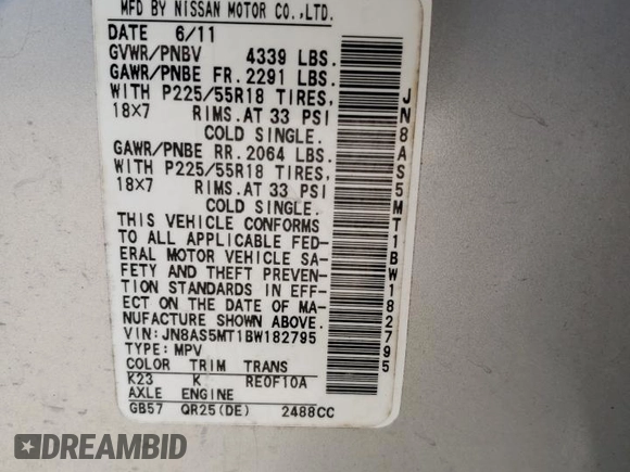 2011 Nissan Rogue SV with VIN JN8AS5MT1BW182795, listed as a Copart auction lot 53326545 with 0 mi miles and Salvage Title. Bid and sale history available at carsss.com. Image 13.
