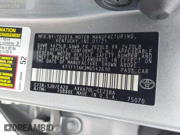 2021 Toyota Camry SE Nightshade with VIN 4T1T11AK3MU542610, listed as a IAAI auction lot 39350024 with 71,086 mi miles and . Bid and sale history available at DreamBid. Image 9.