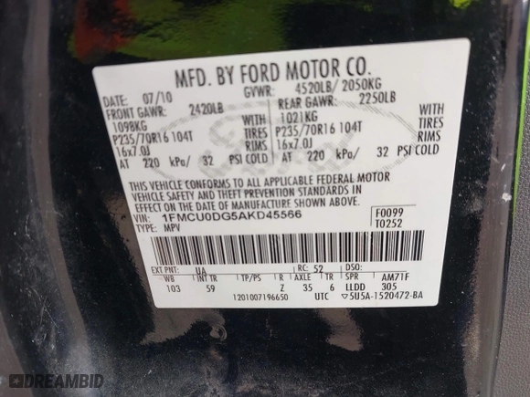 2010 Ford Escape XLT with VIN 1FMCU0DG5AKD45566, listed as a IAAI auction lot 41232118 with 166,816 mi miles. Bid and sale history available at carsss.com. Image 9.