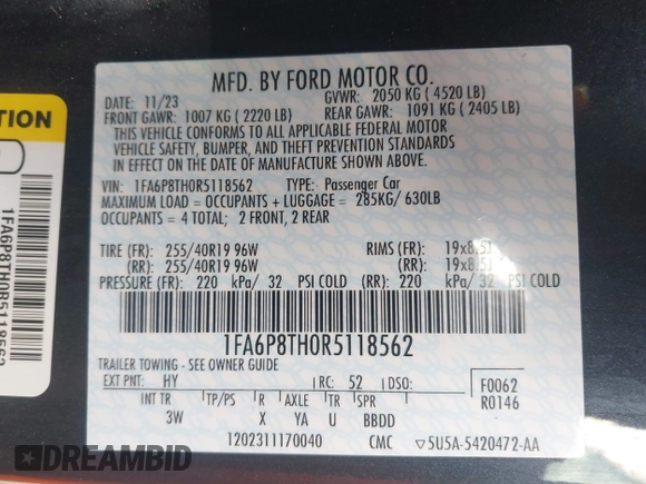 2024 Ford Mustang EcoBoost with VIN 1FA6P8TH0R5118562, listed as a IAAI auction lot 41340897 with 3,155 mi miles. Bid and sale history available at carsss.com. Image 9.
