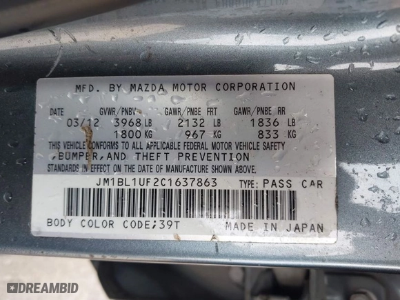 2012 Mazda Mazda3 i Sport with VIN JM1BL1UF2C1637863, listed as a IAAI auction lot 41656805 with NaN miles. Bid and sale history available at carsss.com. Image 9.