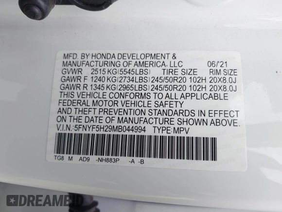 2021 Honda Pilot Special Edition with VIN 5FNYF5H29MB044994, listed as a IAAI auction lot 41788103 with 38,362 mi miles and . Bid and sale history available at carsss.com. Image 9.