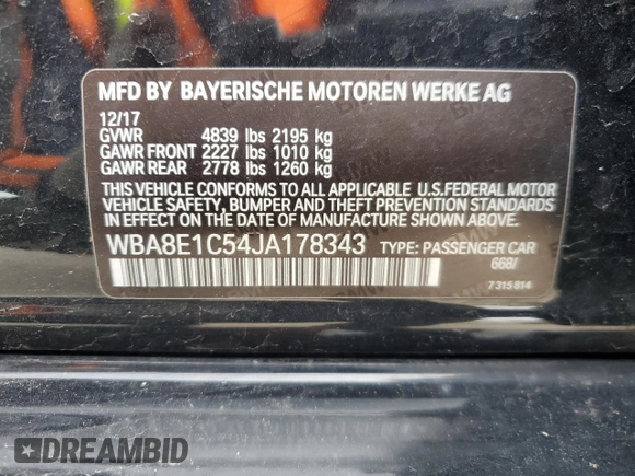2018 BMW 3 Series 330e iPerformance with VIN WBA8E1C54JA178343, listed as a Copart auction lot 45866435 with 0 mi miles and Salvage Title. Bid and sale history available at carsss.com. Image 14.