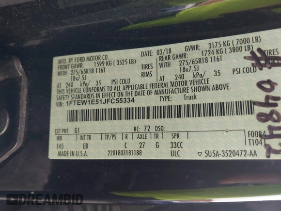 2018 Ford F-150 XL with VIN 1FTEW1E51JFC55334, listed as a IAAI auction lot 41485040 with 122,169 mi miles. Bid and sale history available at carsss.com. Image 9.