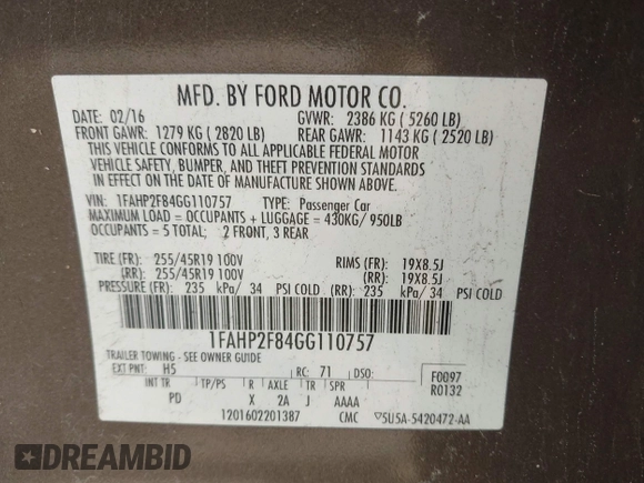 2016 Ford Taurus Limited with VIN 1FAHP2F84GG110757, listed as a IAAI auction lot 42033661 with 249,129 mi miles and . Bid and sale history available at DreamBid. Image 9.