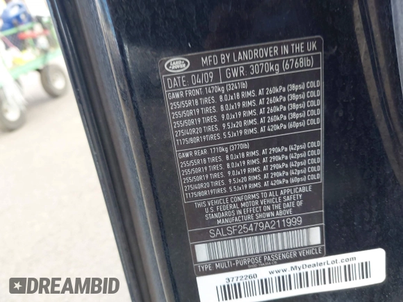 2009 Land Rover Range Rover Sport HSE with VIN SALSF25479A211999, listed as a IAAI auction lot 42440099 with 100,067 mi miles and . Bid and sale history available at DreamBid. Image 9.