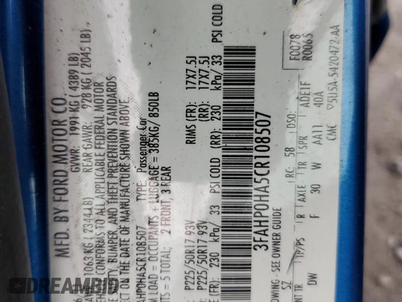 2012 Ford Fusion SE with VIN 3FAHP0HA5CR108507, listed as a Copart auction lot 62057055 with 168,256 mi miles and Salvage title. Bid and sale history available at DreamBid. Image 13.
